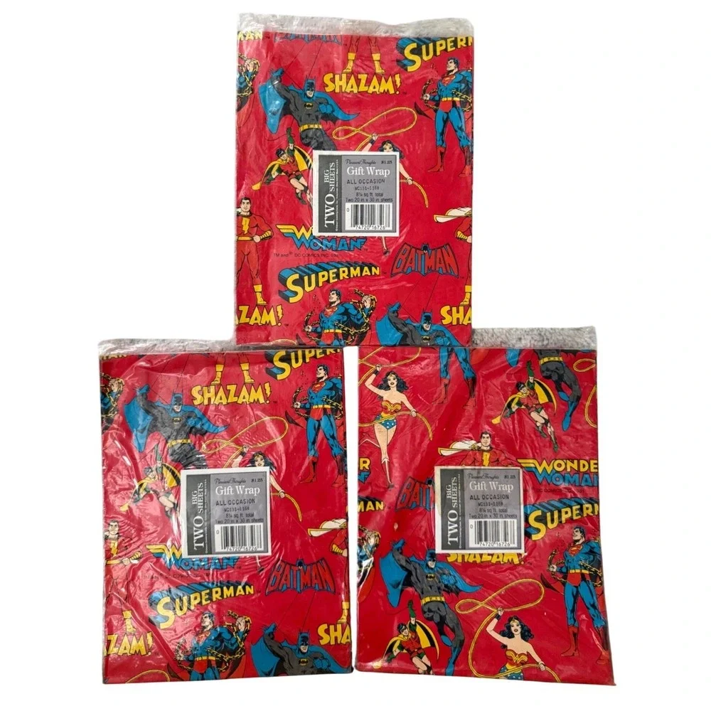 1981 DC Comics Gift Wrap NOS Superman Batman Wonder Woman 2 Sheets Red Deadstock